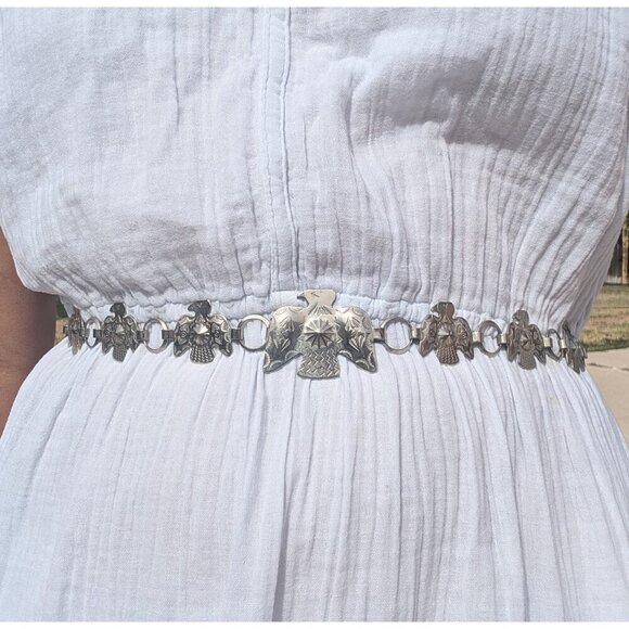 VTG Southwestern Silver Toned Thunderbird Metal Concho Chain Belt Boho Hippie main image 9